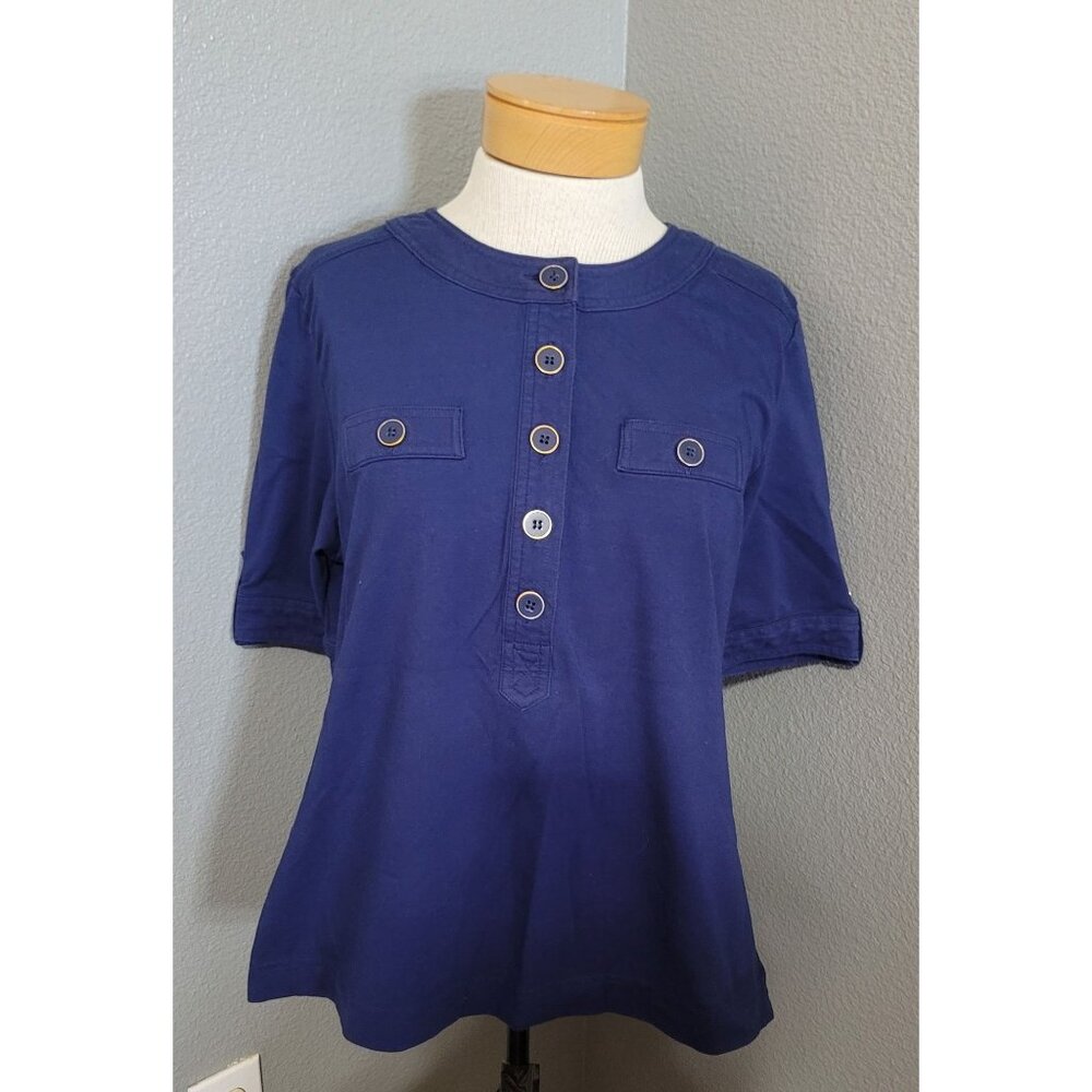 Charter Club Blouse‎ Womens L Navy Blue Henley Short Sleeve Shirt Casual Top